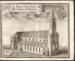 Antique copper engraving of Munich's Peterskirche from 1701 by Wening