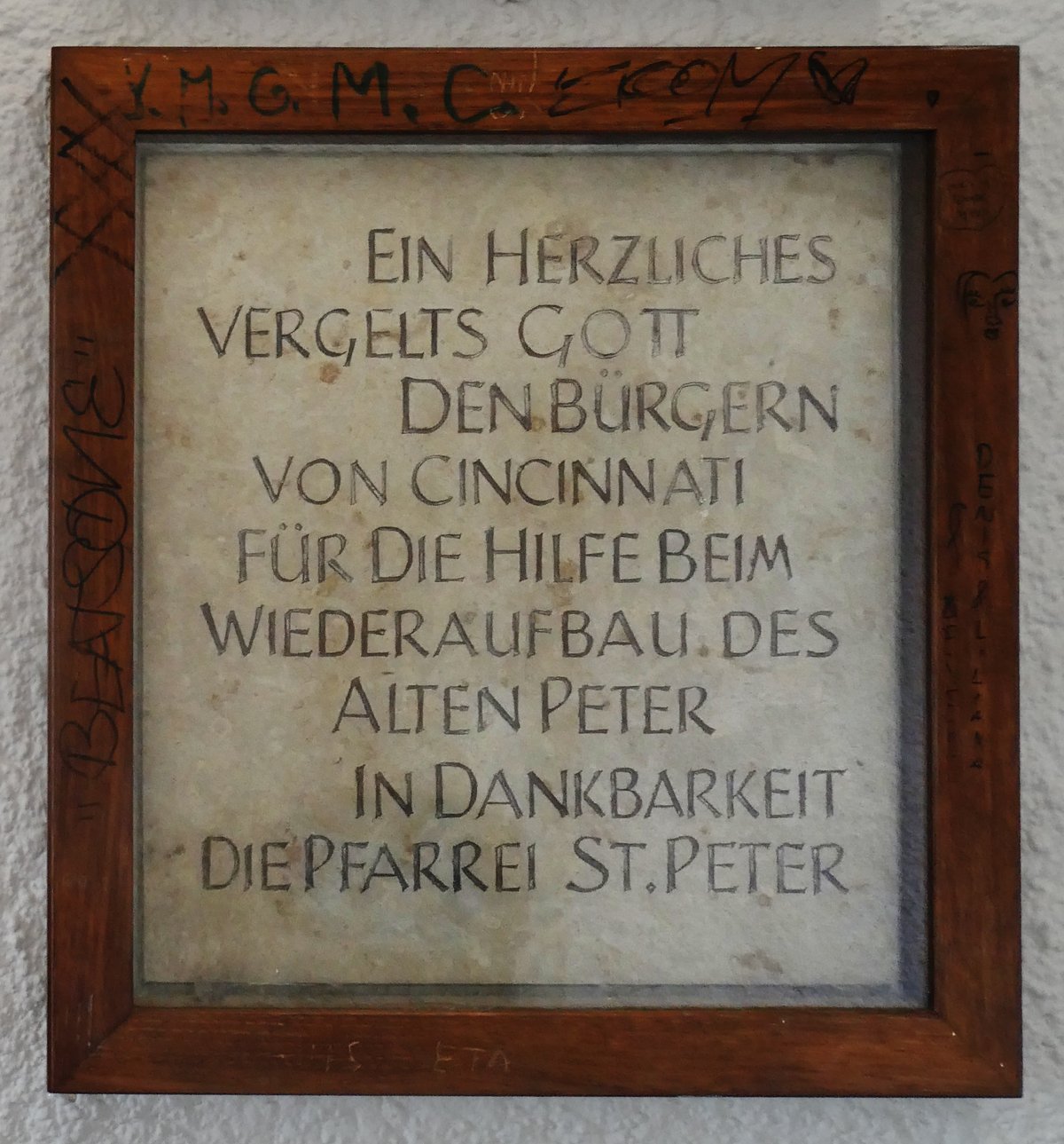 Thank-you message in the Munich Alter Peter church tower to Cincinnati citizens for rebuilding support