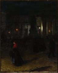 Aleksander Gierymski painting of Max-Josefplatz in Munich at night with illuminated buildings and tram tracks