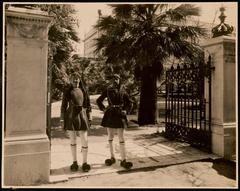 Evzones of the Royal Guard in front of the Royal Palace entrance in Athens Greece