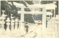 Heavy snow at Toshogu Shrine in Ueno Japan color woodblock print 1879