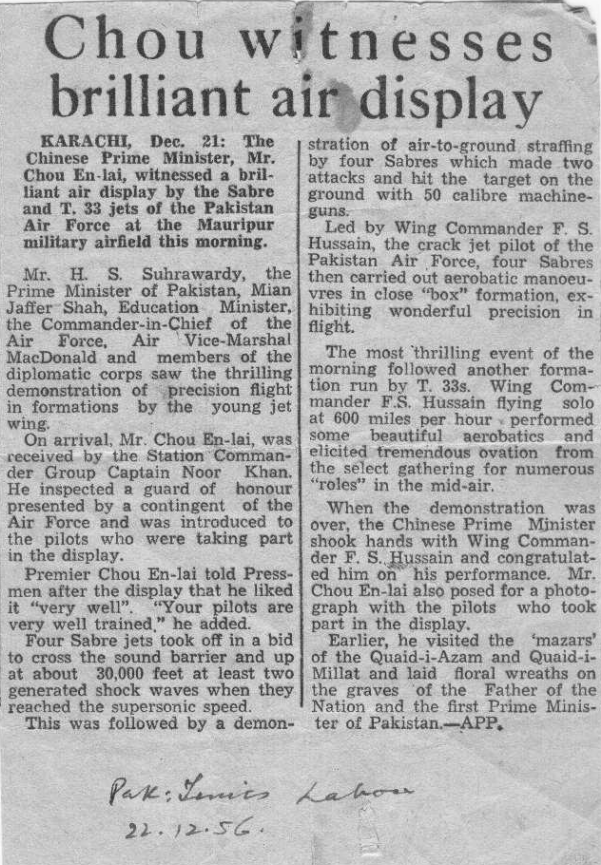 Premier Zhou Enlai visit Pakistan 1956 newspaper clipping