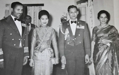 Air Marshal Asghar Khan with Queen Sirikit and King Bhumibol of Thailand at PAF Officer's Mess Peshawar banquet with Amina Shamsie