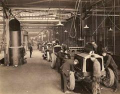 Inside view of Packard truck plant in Detroit c. 1920 showing Series E trucks with cast iron grille frames and pneumatic tires