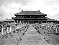 Ancient Chinese reception hall with traditional wooden architecture and decorative elements