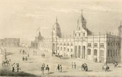 Historic Plaza de Armas in Santiago de Chile in 1841 with colonial buildings and people