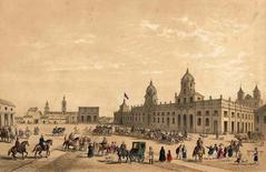 Plaza de Armas main square of Santiago de Chile in 1854 painting by Claude Gray