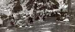 Visitors sitting on grass under trees in Artis Zoo Amsterdam 1917