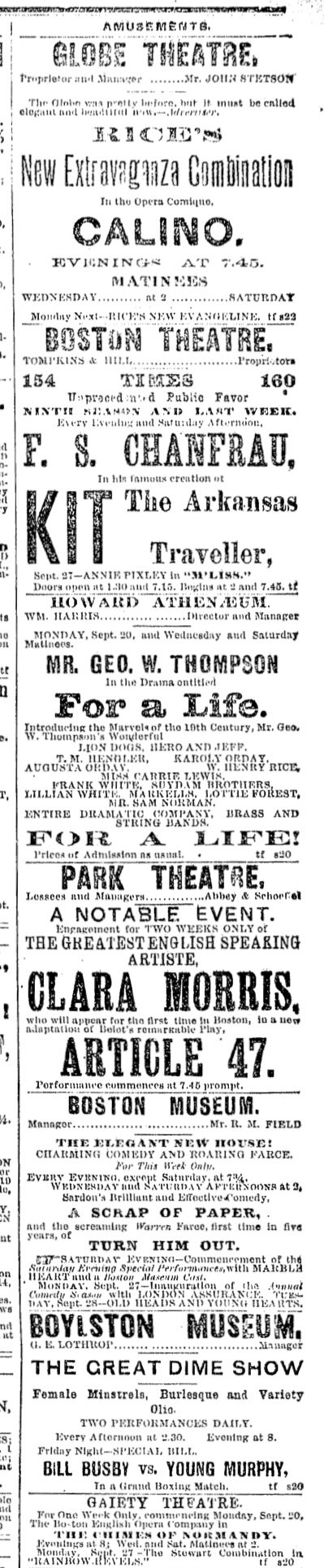 Advertisement poster featuring Boston theaters and museums from 1880