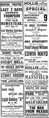 Vintage theatre advertisements in Boston including Boston Theatre, Cyclorama, Hollis Street Theatre, Park Theatre, and Tremont Theatre