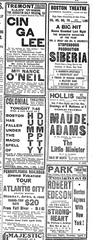 Early 20th century Boston theatre advertisements featuring Colonial, Hollis Street, Park, and Tremont Theatres