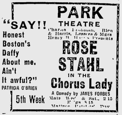Advertisement for Park Theatre in Boston featuring upcoming shows in 1908