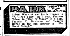 1917 advertisement for Park Theatre in Boston Massachusetts shown in Boston Daily Globe