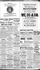 Vintage advertisement for multiple theaters and museums in Boston, Massachusetts, USA circa 1885