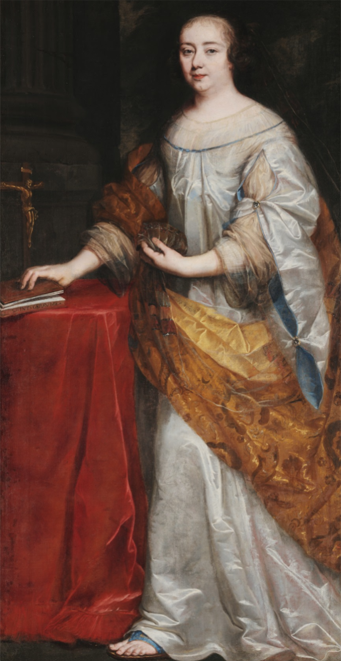 Portrait of Madame de Mauteville (Francoise Bertaut) in a rich silken dress with diaphanous veil, holding a book inscribed 'SAINT GERAUME', standing next to a table with a small crucifix