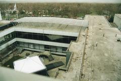 Aerial view of BBC Pebble Mill site in Birmingham taken from high floor of building