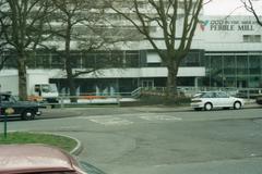 Exterior view of BBC Pebble Mill Studios building in Birmingham on a street in March 1992