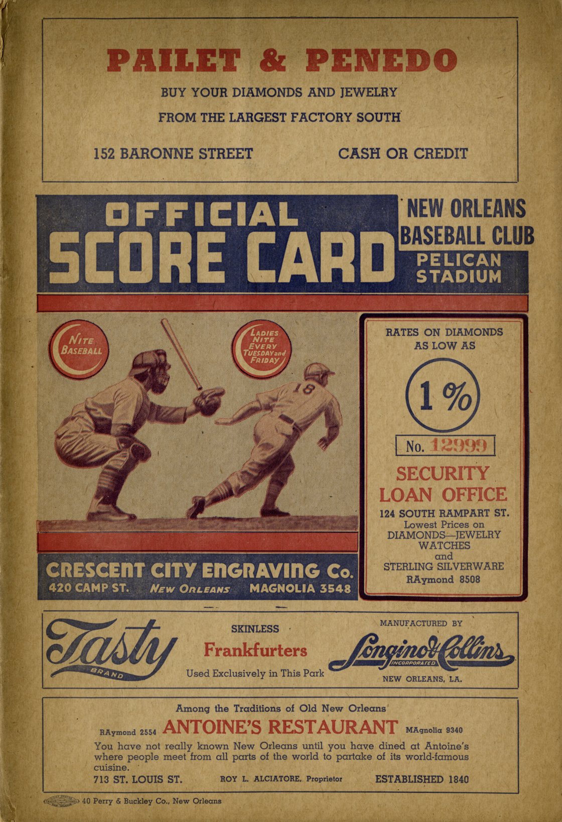 1943 New Orleans Pelicans baseball scorecard booklet from Pelican Stadium with team roster and player lineup for game against Nashville