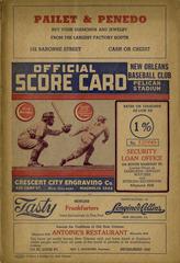 1943 New Orleans Pelicans baseball scorecard booklet from Pelican Stadium with team roster and player lineup for game against Nashville