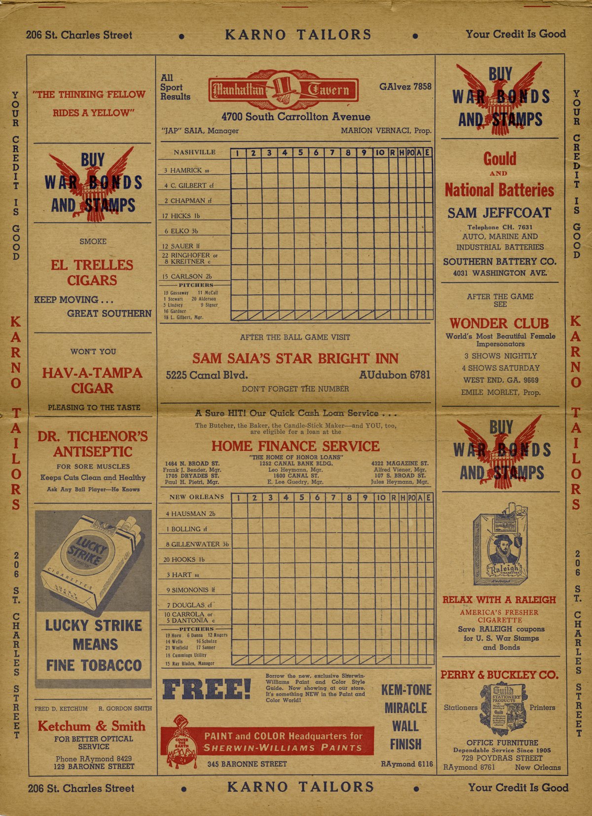 1943 baseball score card booklet from Pelican Stadium New Orleans showing game between Nashville and New Orleans Pelicans