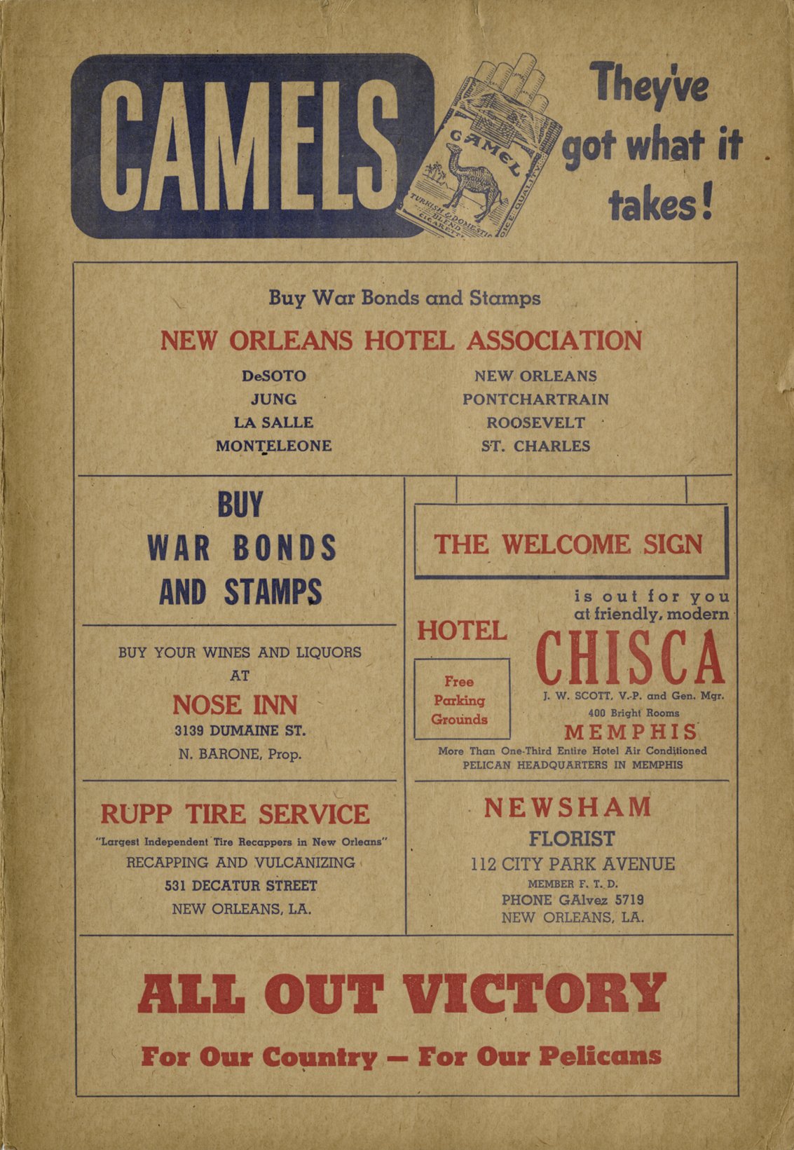 1943 New Orleans Pelicans vs Nashville baseball score card from Pelican Stadium