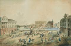 Historic watercolor view of Norrmalms Torg in Stockholm featuring the Royal Palace, King Gustav Adolf statue, Princess's Palace and Opera House