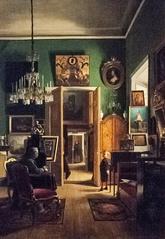 Interior of the painter's home in Stockholm with vintage furniture and artwork