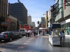 Hollywood Boulevard street view with palm trees and historic theaters