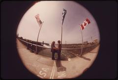 Fish-eye camera view of United States-Canada boundary line on Rainbow Bridge spanning Niagara River