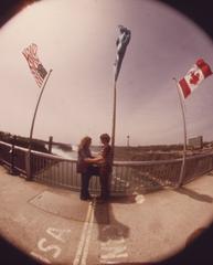 Fish-eye camera view of United States-Canada boundary line on Rainbow Bridge spanning Niagara River