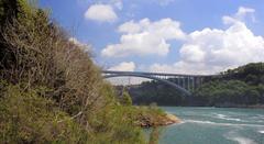 View of Niagara Falls and Rainbow Bridge from Ontario side with city skyline