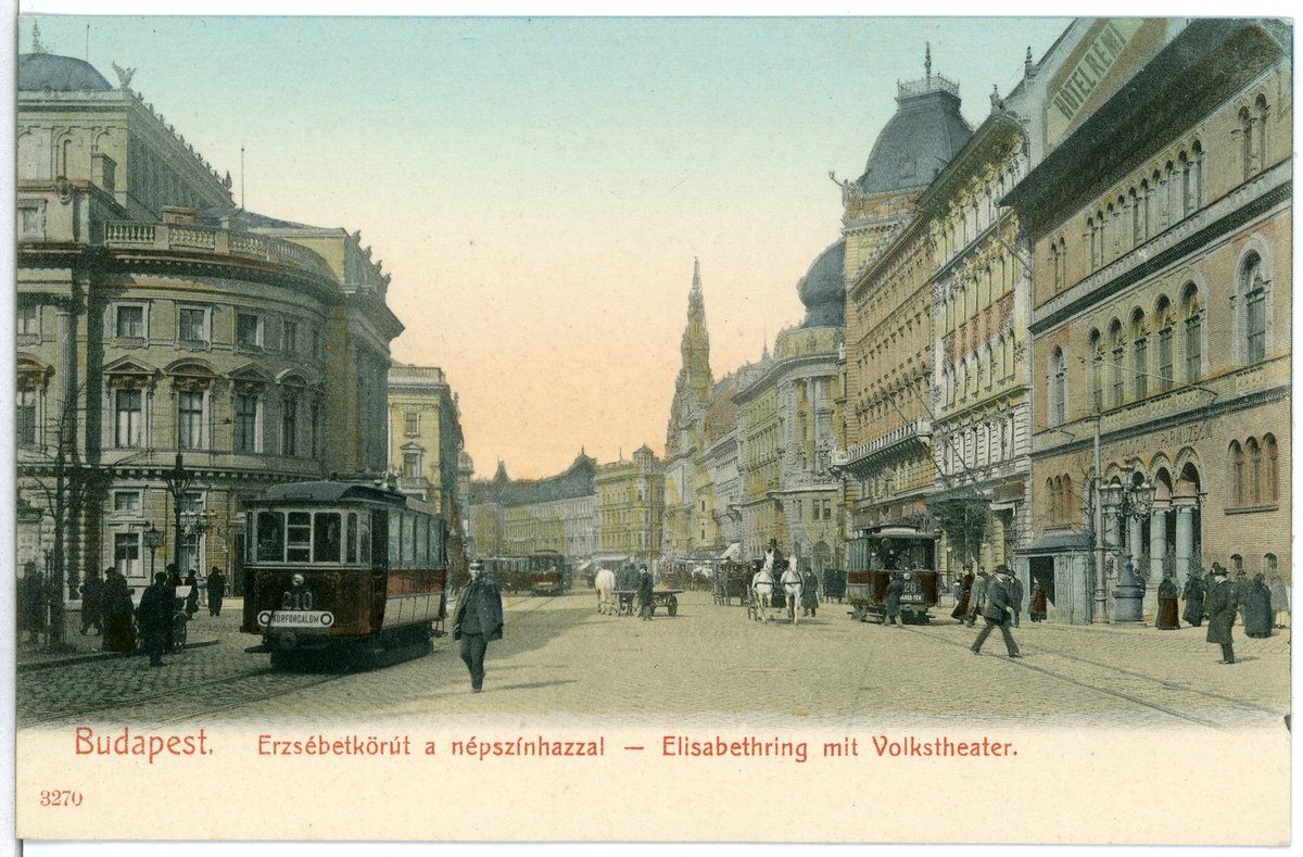 Historic view of Elisabethring in Budapest with Volkstheater and tram