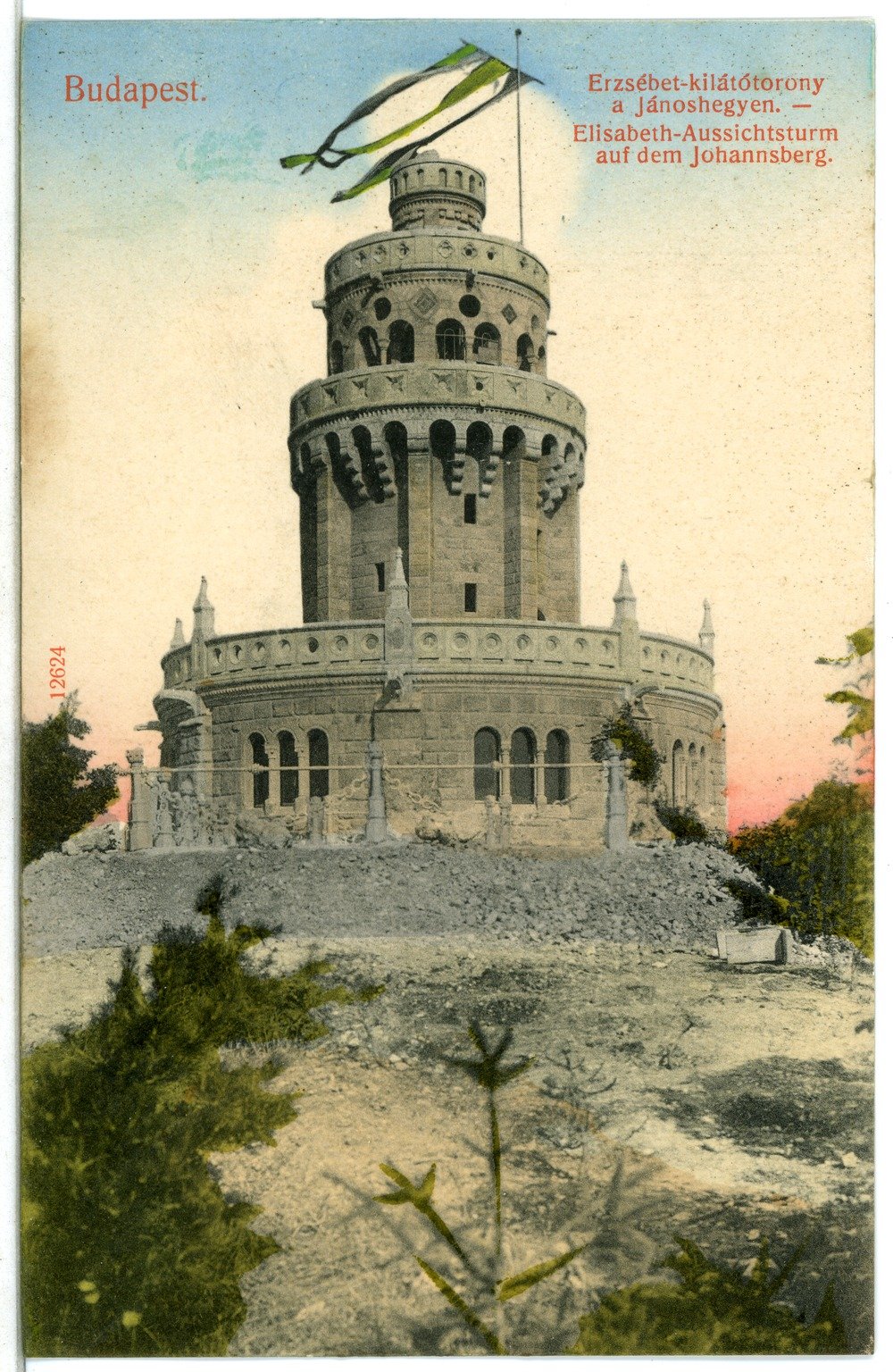Historic view of Elisabeth observation tower on Johannesberg in Budapest in 1911