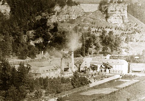 Historic Funck-Duchamp brewery building in Clausen, Luxembourg City photographed in 1865