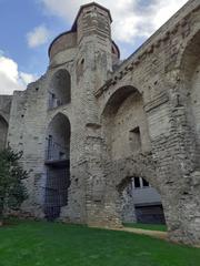 Historic city walls in Brussels with greenery and buildings
