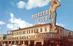 Vintage postcard of the Pioneer Club from the late 1940s showing a bustling nightlife scene