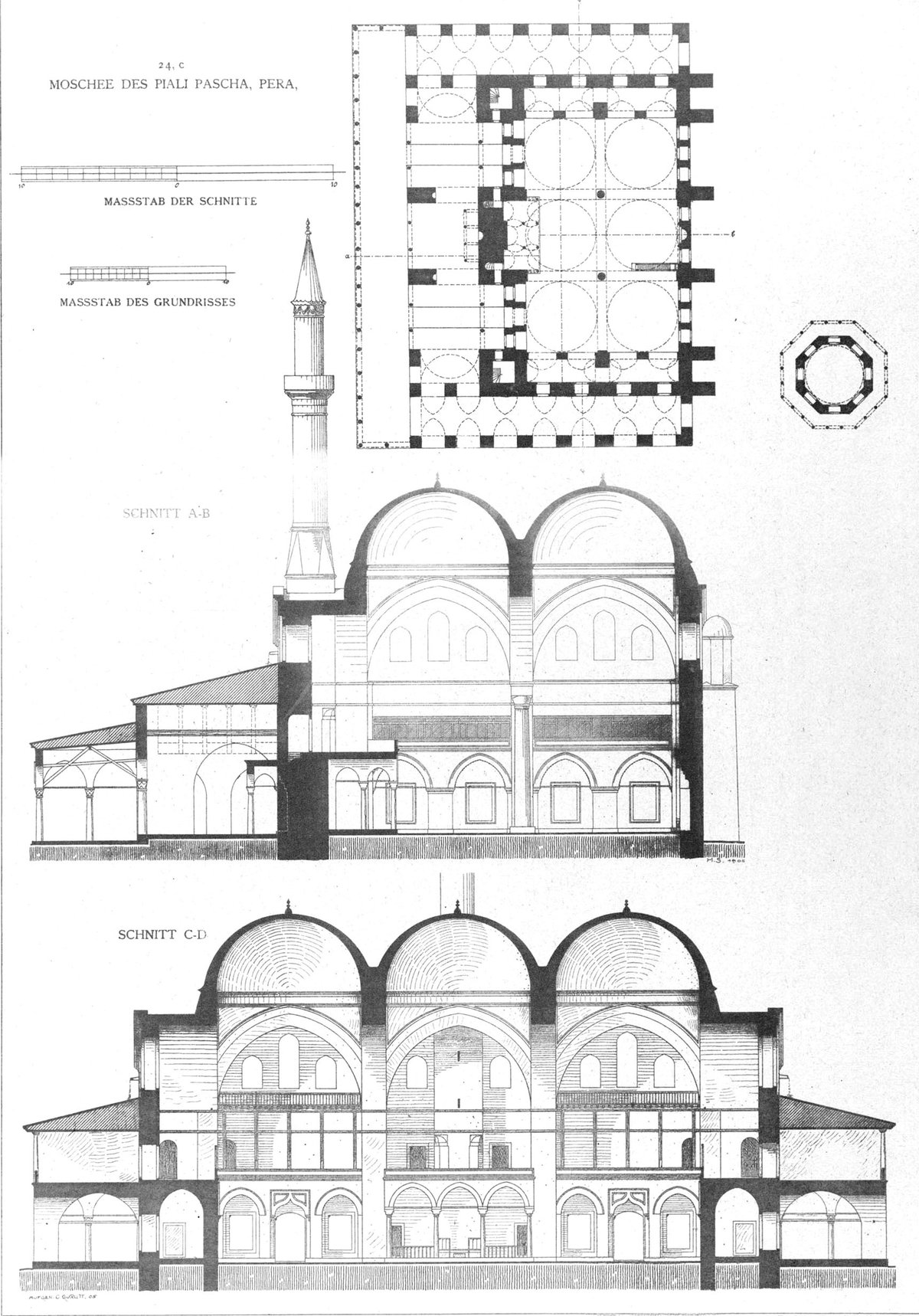 Architectural cross sections and floor plan of Piyale Pasha Mosque in Istanbul