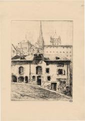 Maison du passage des Degrés-de-Poules with the cathedral in the background in Genève