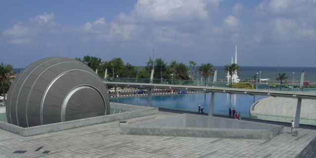 View of open plaza and Planetarium from Bibliotheca Alexandrina CC Cafe