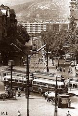 Móricz Zsigmond körtér square in Budapest with historic buildings and trees