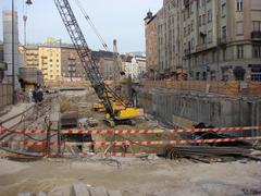Construction site at Móricz Zsigmond körtér metro station on Budapest Metro Line 4