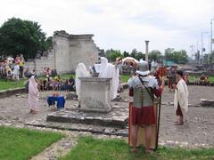 Roman sacrifice to goddess Concordia during Floralia festival in Aquincum ruins