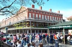Decatur Street New Orleans with Lower Pontalba Building and Cafe du Monde awning