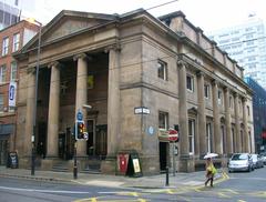 Entrance of Portico Library in Manchester with classical architecture