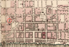 Library of Congress map of Philadelphia highlighting the home of Elizabeth Willing Powel with a red circle