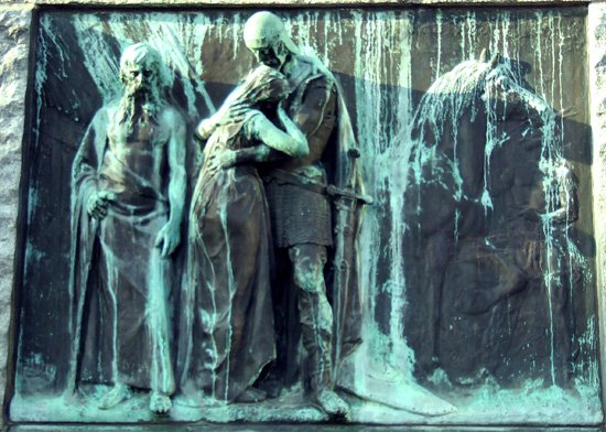bronze relief depiction of Črtomir and Bogomila farewell from Baptism on the Savica poem