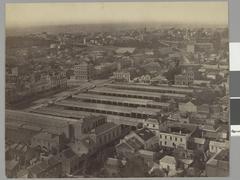 Aerial view of the Eastern Markets and Princess Theatre looking east in Melbourne, Australia