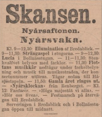 Vintage advertisement from 1895 for New Year's celebration at Skansen in Stockholm