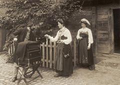 A positive halare receiving a coin from a woman dressed in traditional folk costume at Skansen's spring festival 1905