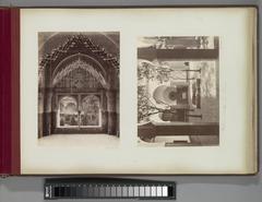 Interior view of the Alhambra palace arcade with intricately carved arches in Granada, Spain
